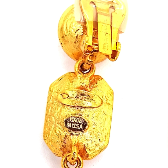 18K Oscar De La Renta Rose Clear Taupe Swarovski Crystals Clip on Drop Earrings - Picture 7 of 9